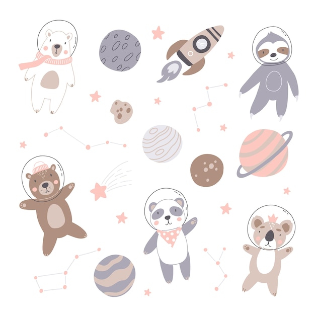 Big set of cute bear astronauts in space with planets stars rocket and constellation Hand drawn vector illustration Scandinavian style flat design Brown polar and panda bear sloth and koala