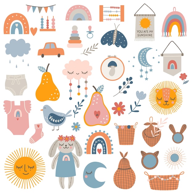 Big set of cute boho baby decor in Scandinavian style. For nursery decoration. Vector illustration