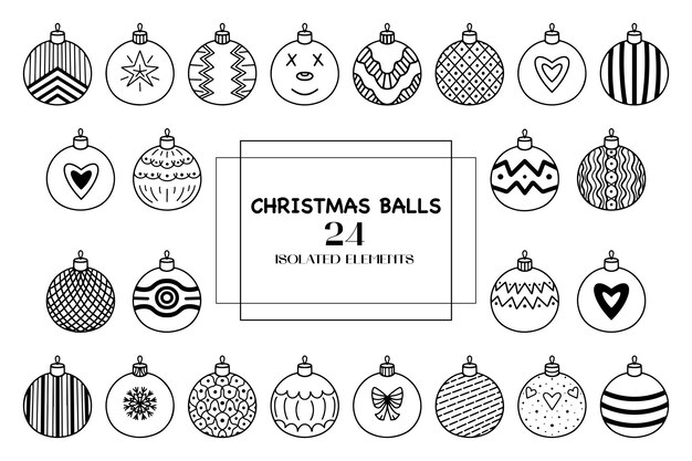 Big set of cute Christmas balls in doodle style for different decoration postcards, stickers.