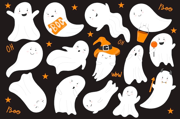 Big set of cute ghosts All Saints' Day Halloween Vector object for use on stickers your designs