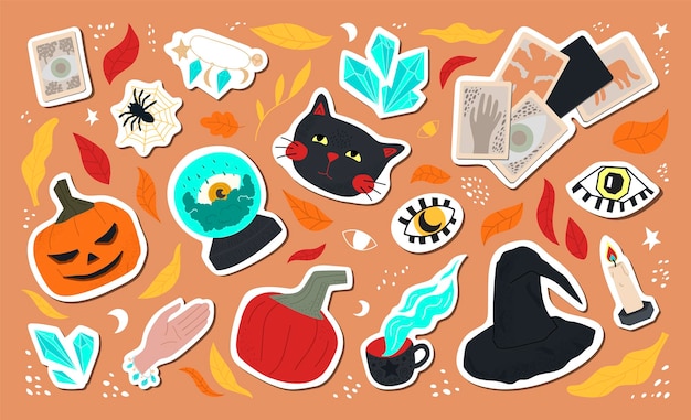 Big set of cute Halloween stickers - black cat, witch hat spider fortune telling ball cards crystals