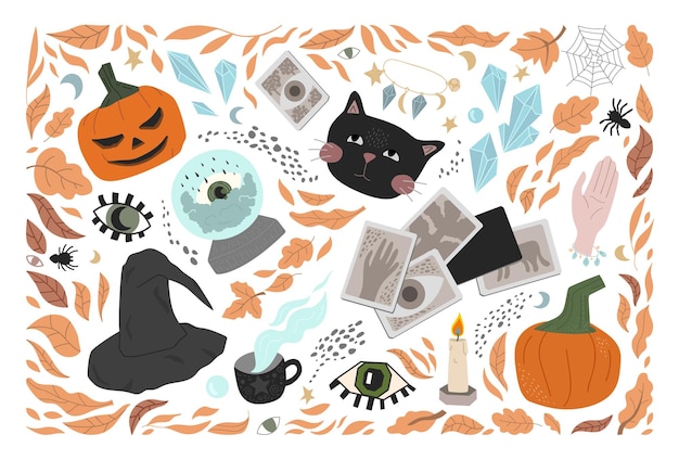 Big set of cute Halloween symbols and autumn leaves. flat illustration