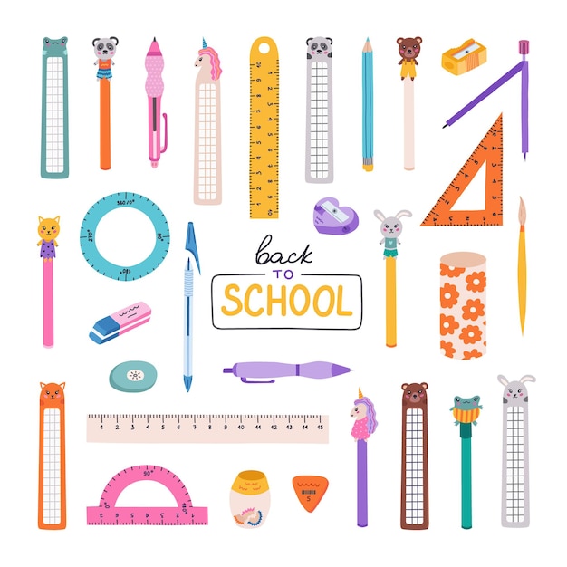 Big set of cute hand drawn back to school stationery in cartoon style Collection of rulers protractor erasers sharpeners ballpoint pen pencil bookmark School supply for study draw and work