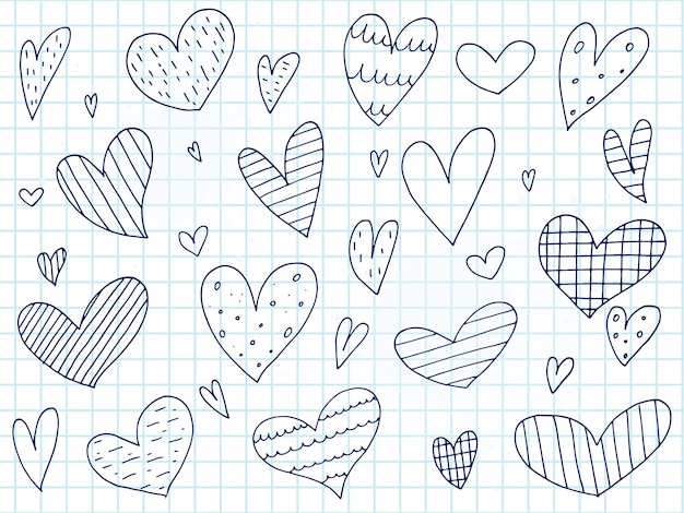 Big set of cute handdrawn doodle elements about love Message stickers for apps Icons for Valentines Day romantic events and wedding A checkered notebook Hearts with stripes and texture