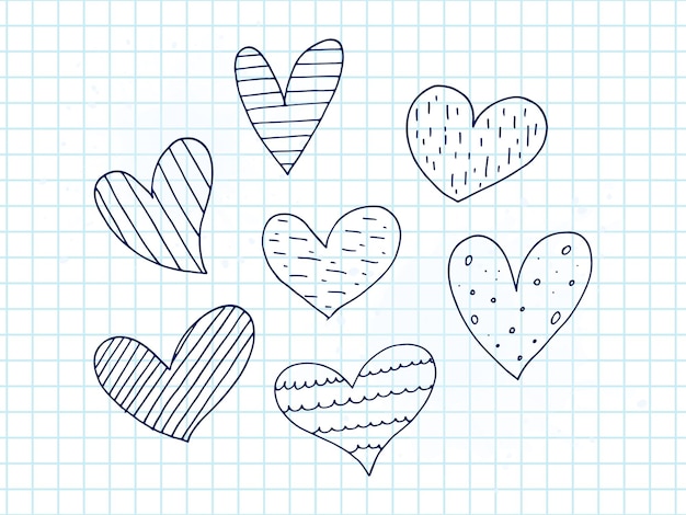 Big set of cute handdrawn doodle elements about love Message stickers for apps Icons for Valentines Day romantic events and wedding A checkered notebook Hearts with stripes and texture