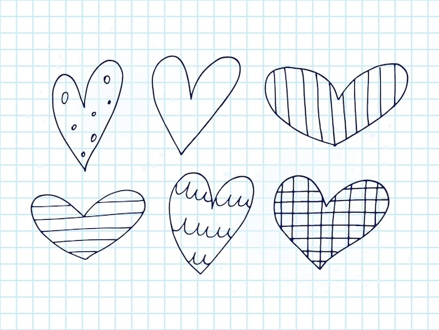 Big set of cute handdrawn doodle elements about love Message stickers for apps Icons for Valentines Day romantic events and wedding A checkered notebook Hearts with stripes and texture