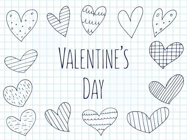 Big set of cute handdrawn doodle elements about love Message stickers for apps Icons for Valentines Day romantic events and wedding A checkered notebook Hearts with stripes and texture