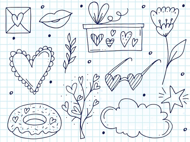 Big set of cute handdrawn doodle elements about love Message stickers for apps Icons for Valentines Day romantic events and wedding A checkered notebook