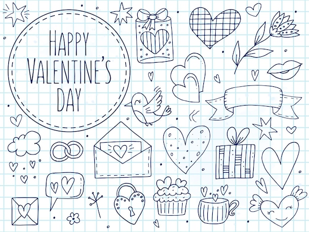 Vector big set of cute handdrawn doodle elements about love message stickers for apps icons for valentines day romantic events and wedding a checkered notebook