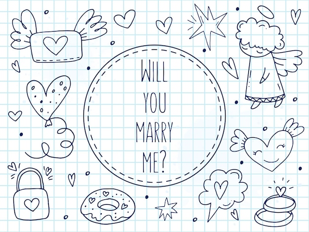 Big set of cute handdrawn doodle elements about love Message stickers for apps Icons for Valentines Day romantic events and wedding A checkered notebook