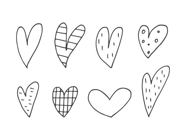 Big set of cute handdrawn doodle elements about love Message stickers for apps Icons for Valentines Day romantic events and wedding Hearts with stripes and texture