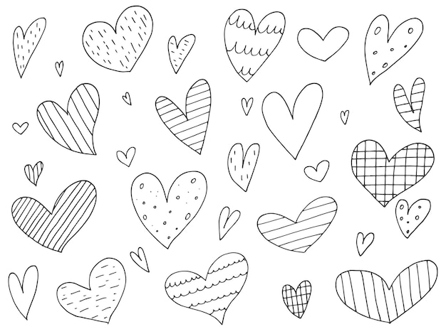 Big set of cute handdrawn doodle elements about love Message stickers for apps Icons for Valentines Day romantic events and wedding Hearts with stripes and texture