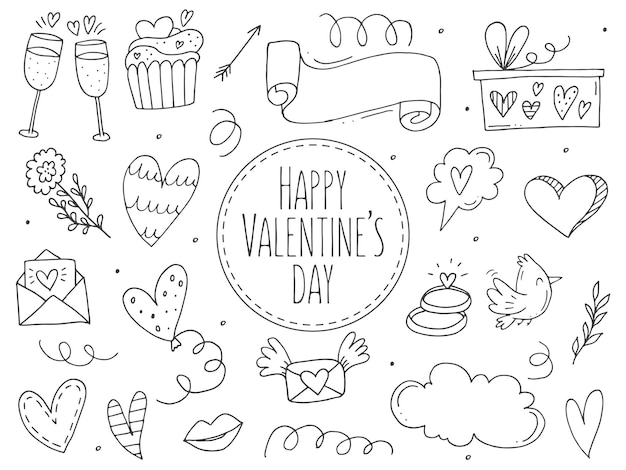 Big set of cute handdrawn doodle elements about love Message stickers for apps Icons for Valentines Day romantic events and wedding