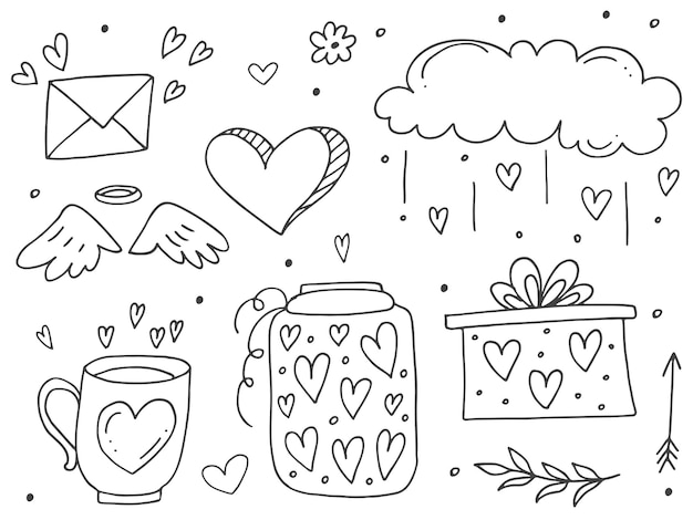 Big set of cute handdrawn doodle elements about love Message stickers for apps Icons for Valentines Day romantic events and wedding