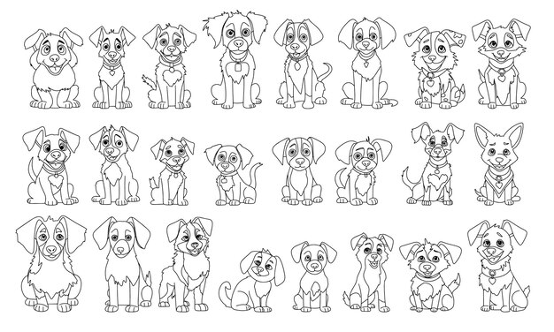 Big set of cute puppy in doodle style Hand drawn dogs outline Collection of little dog icons set