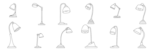 Big set of desk lamp in doodle style Hand drawn desk lamps outline Collection of table lamps icons