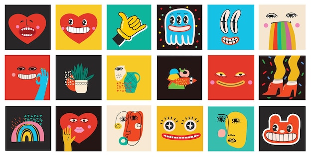 Big Set of Different colored Vector illustartions for posters in Cartoon Flat design Hand drawn Abstract shapes faces different texture funny Comic characters