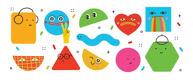 Big Set of Different colored Vector illustartions for posters in Cartoon Flat design Hand drawn Abstract shapes faces different texture funny Comic characters