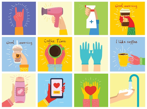 Big set of different hands illustrations. Hand holding hair dryer and shampoo, washing hands, hands with cup of coffee, smartphone in the hands.