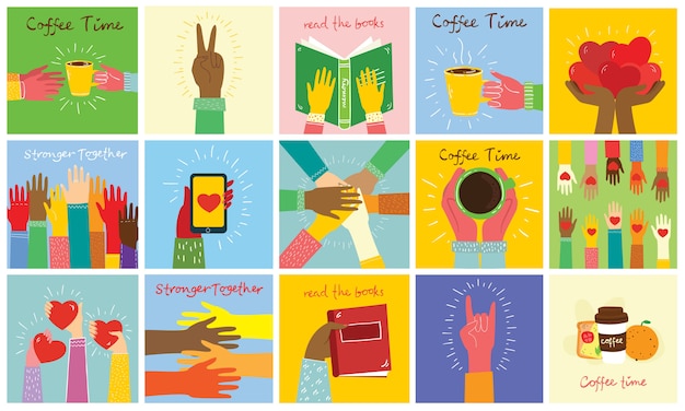 Big set of different hands illustrations. Strong together many hands up. Hand with book. Coffee time poster with mug. Team building. Hands holding hearts. Coffee, burger for breakfast.