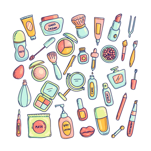 Big set of different packages for decorative cosmetics icons set.  Makeup tools  illustration collection. Cartoon colored doodle style.