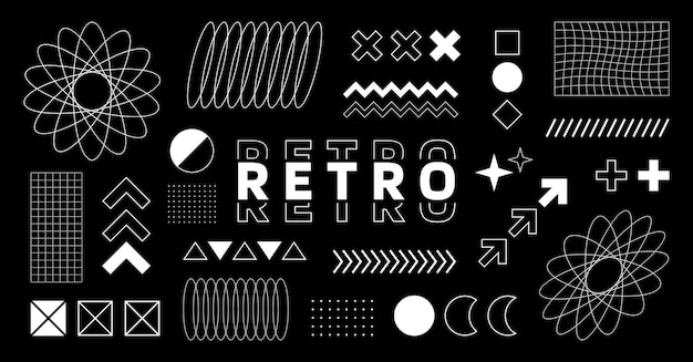 Big set different retro futuristic design elements Geometric abstract elements Retro 80s style design elements Vector illustration