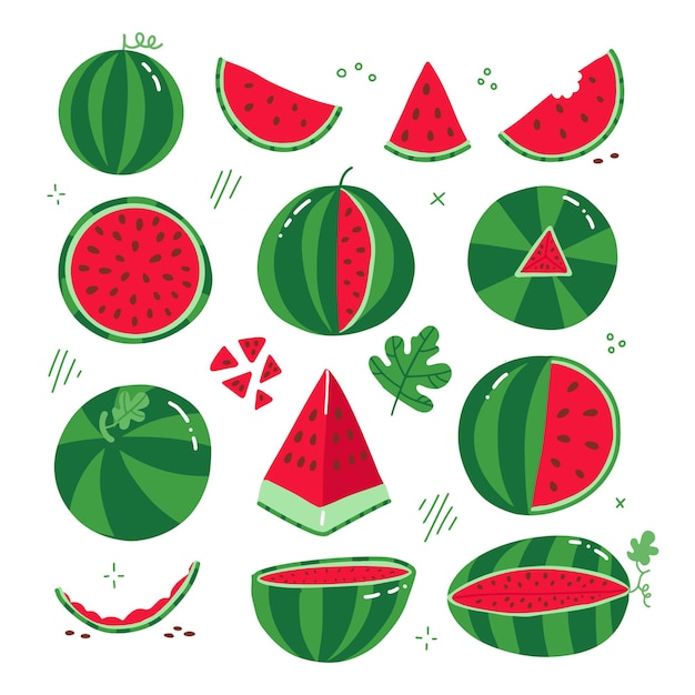 Big set of different watermelons whole half piece bite piece flat style logo on a white background i...