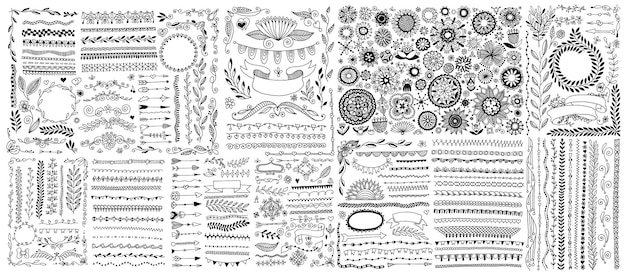 Big set of doodle sketch flower design elements floral drawing