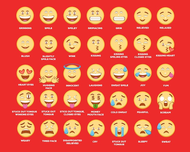 Big set of emoticon smile icons. Cartoon emoji set. Vector emoticon set.