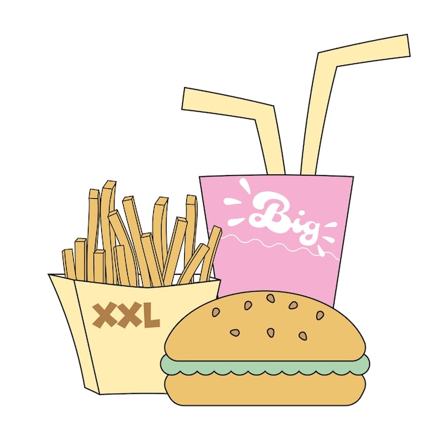 Big set of fast food lunch Hamburger fries drink set illustration 2d