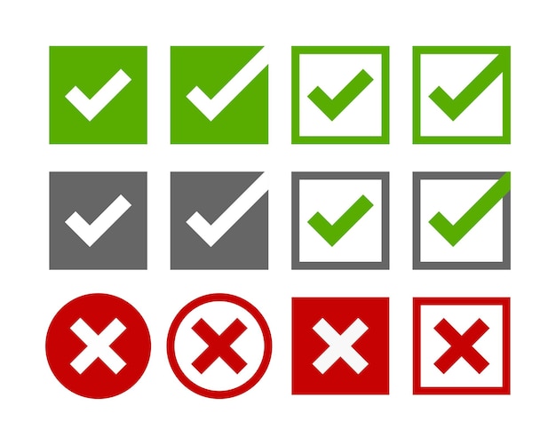 Big set of flat buttons green check marks and red crosses on a white background Circle and square solid and rounded corners