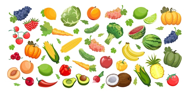 Big set of fruits and vegetables Food agriculture illustration vector