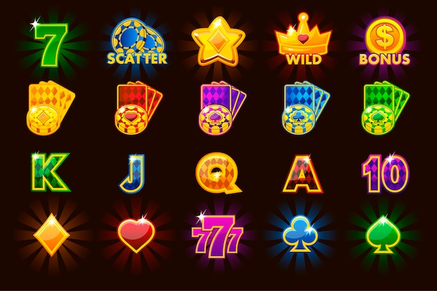  big set gaming icons of card symbols for slot machines and a lottery or casino in different colors. Game casino, slot, UI