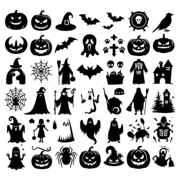 Big set of Halloween silhouettes icon and character Collection of black silhouettes of Halloween