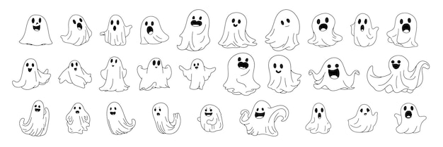 Big set of hand drawn doodle ghosts Halloween ghost silhouette set Outline ghost collection