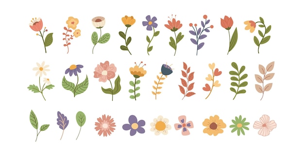 Big set of hand drawn flat flowers in pastel colors Elements for prints and design Vector illustration in cartoon style on transparent background