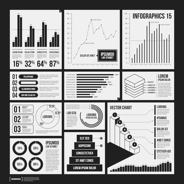 Big set of infographics elements in black and white colors. Monochrome design. Minimalistic style.