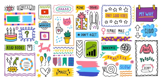 Big set Journal icons border elements Note icon sticker for school Vector illustration