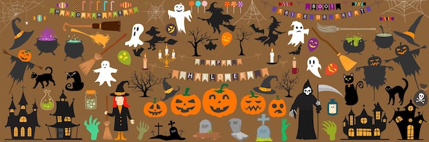 Big set of kawaii funny Halloween elements characters with text haunted house pumpkins ghosts cat party flags Isolated objects Vector illustration Design concept print