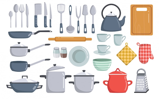 Big set of kitchen tools vector elements cartoon