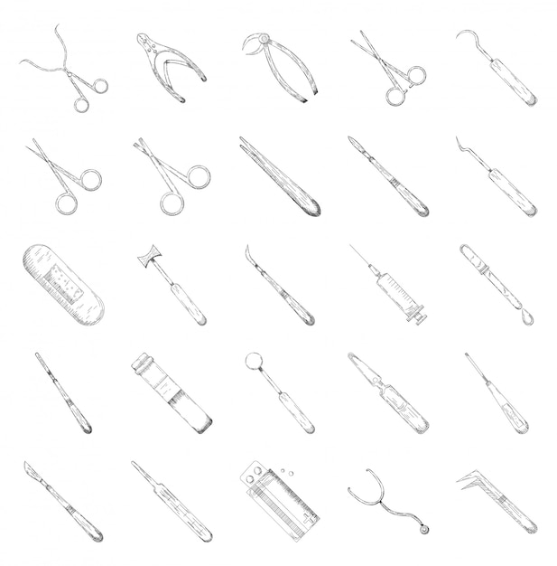 Big set of medical instruments and medical equipment. Hand drawn icons collection, medical tools