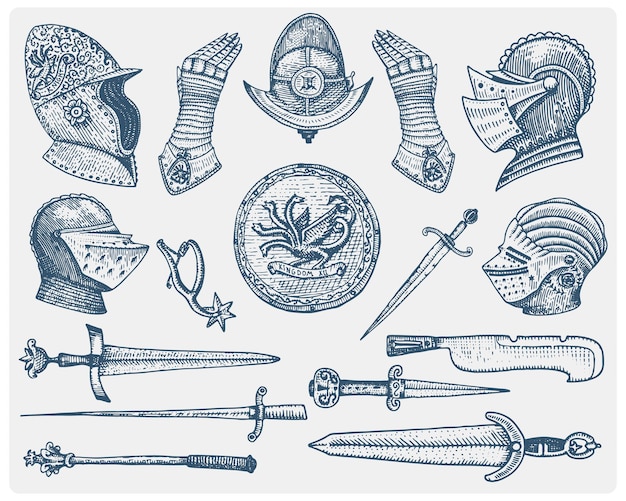 Big set medieval symbols Helmet and gloves shield with dragon and sword knife and mace spur vintage engraved hand drawn in sketch or wood cut style old looking retro