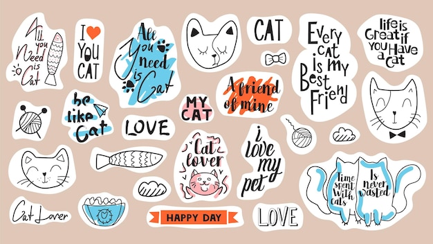 Big set of motivational phrases, quotes, and stickers. Cat's theme set