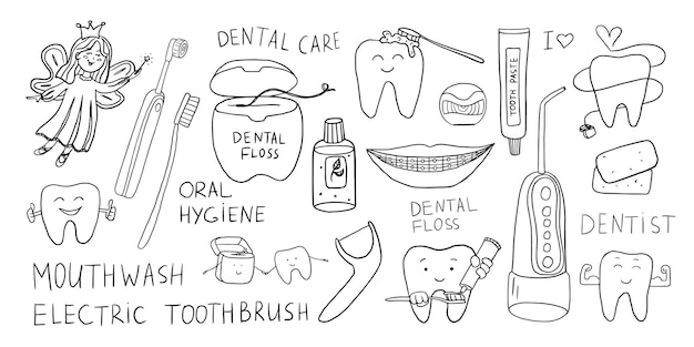 Vector big set of oral hygiene theme elements in doodle style stomatology toothpaste dental floss