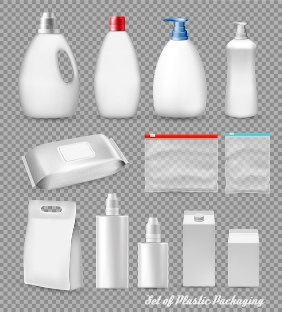 Big set of polypropylene plastic packaging sacks tray doypack dispenser bottle on transparent background Vector illustration