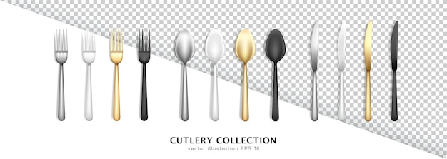 Big set of realistic stainless steel and plastic cutlery. Top view of forks, spoons and knives