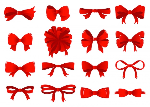 Big set of red gift bows with ribbons