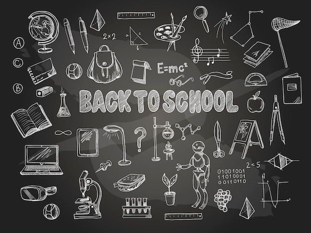 Vector big set of school items such as a backpack book laptop globe etc chalked on a blackboard vector