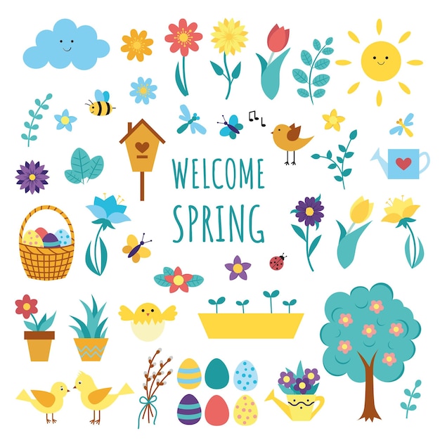 Vector big set of spring elements with flowers birds