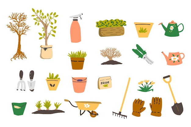 Big set of spring gardening tools and tree plant in box pot vector illustration isolated gardening